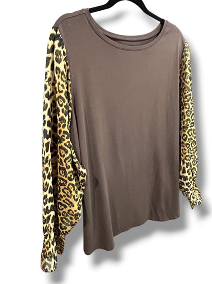 3X Belle Kim Gravel Womens Plus Size Shirt Sheer Leopard Print Long Sleeve