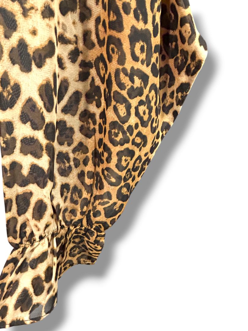 3X Belle Kim Gravel Womens Plus Size Shirt Sheer Leopard Print Long Sleeve
