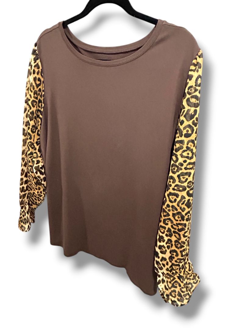 3X Belle Kim Gravel Womens Plus Size Shirt Sheer Leopard Print Long Sleeve