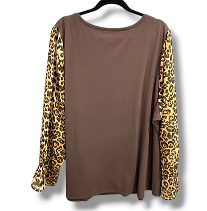 3X Belle Kim Gravel Womens Plus Size Shirt Sheer Leopard Print Long Sleeve