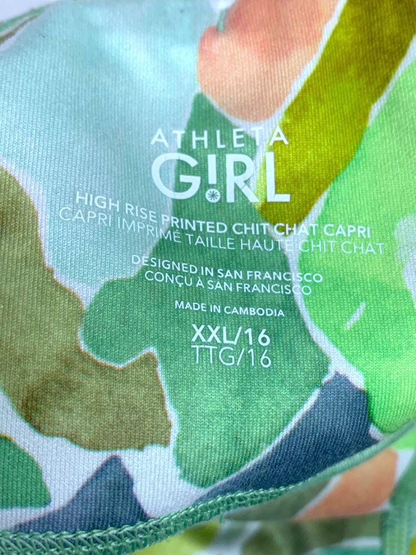 Size XXL Athleta Girl Chit Chat Leggings High Rise Printed Capri Green Print