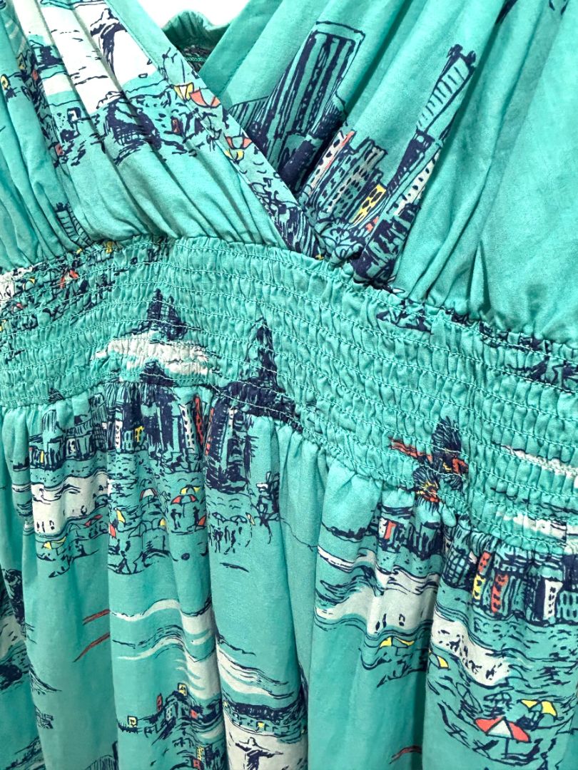 Size 20 Lane Bryant Plus Size Sundress Teal Print Adjustable Straps Smocked Back