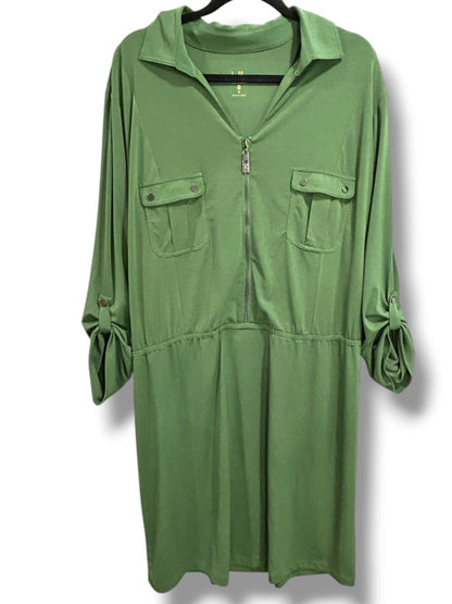 3X Belle Kim Gravel Womens Green Collared Dress Roll Tab Sleeve Plus Size
