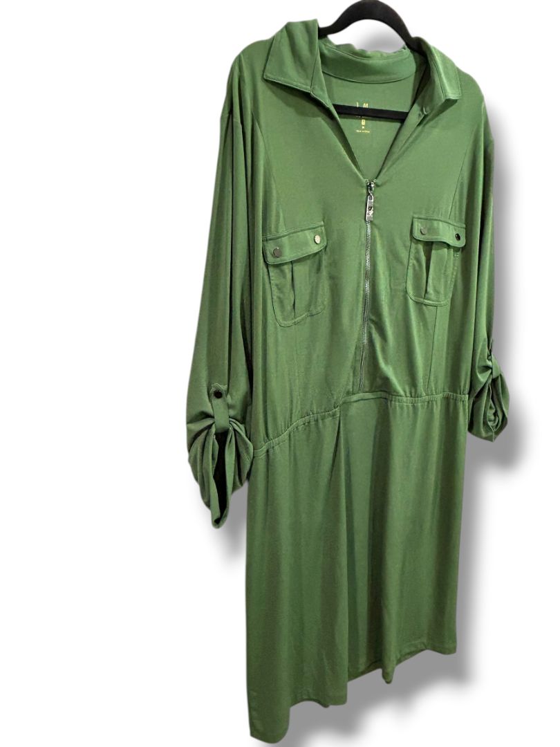3X Belle Kim Gravel Womens Green Collared Dress Roll Tab Sleeve Plus Size