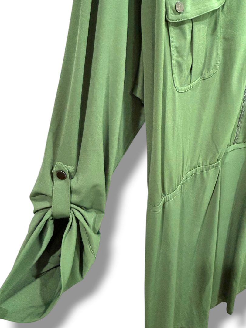 3X Belle Kim Gravel Womens Green Collared Dress Roll Tab Sleeve Plus Size