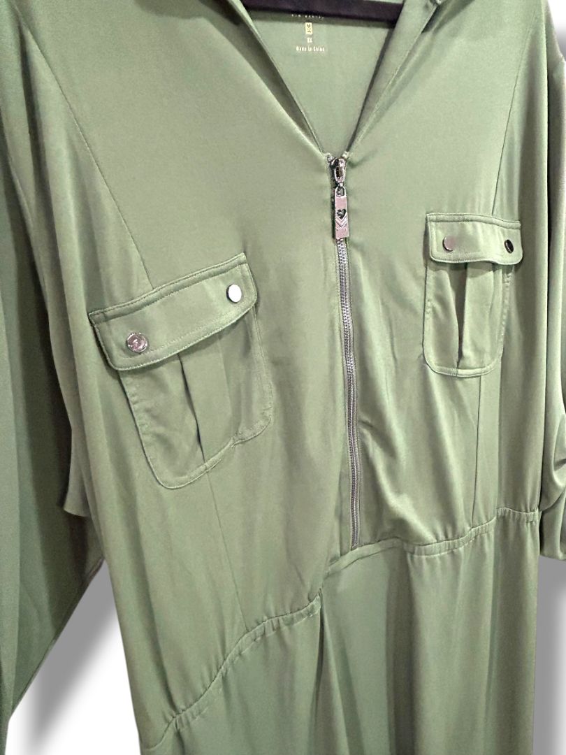 3X Belle Kim Gravel Womens Green Collared Dress Roll Tab Sleeve Plus Size