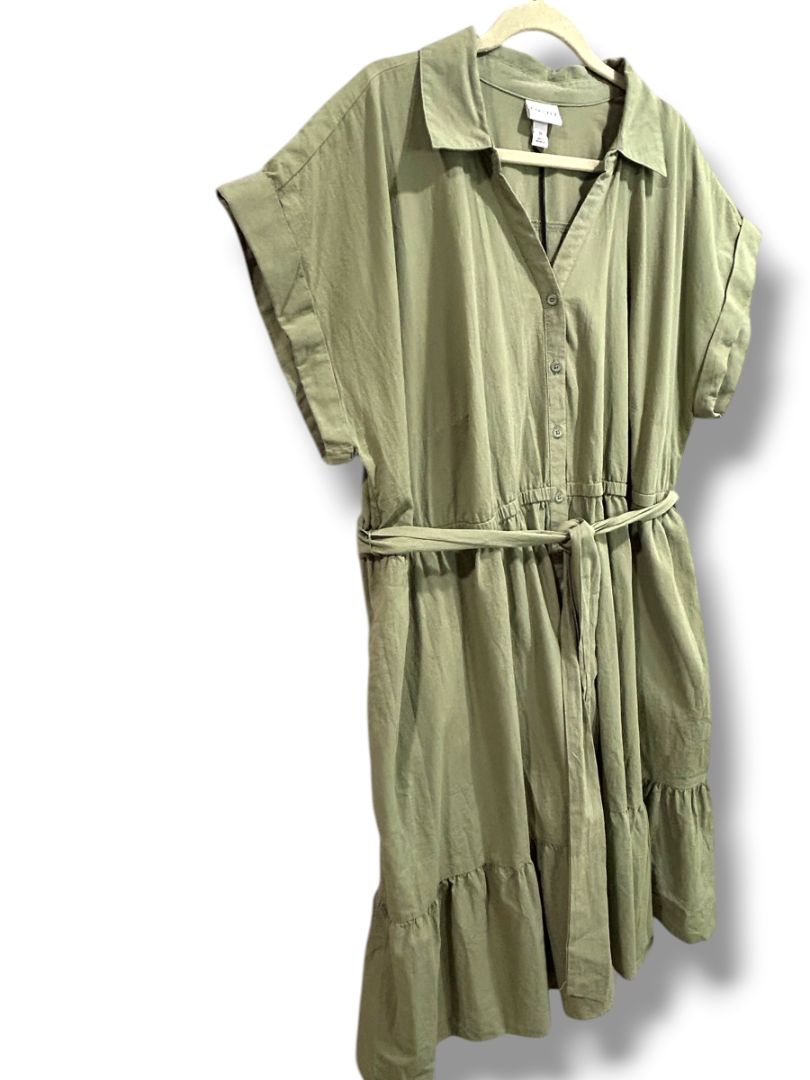 3X Ava & Viv Plus Size Sage Green Belted Cotton Shirtdress New Pockets