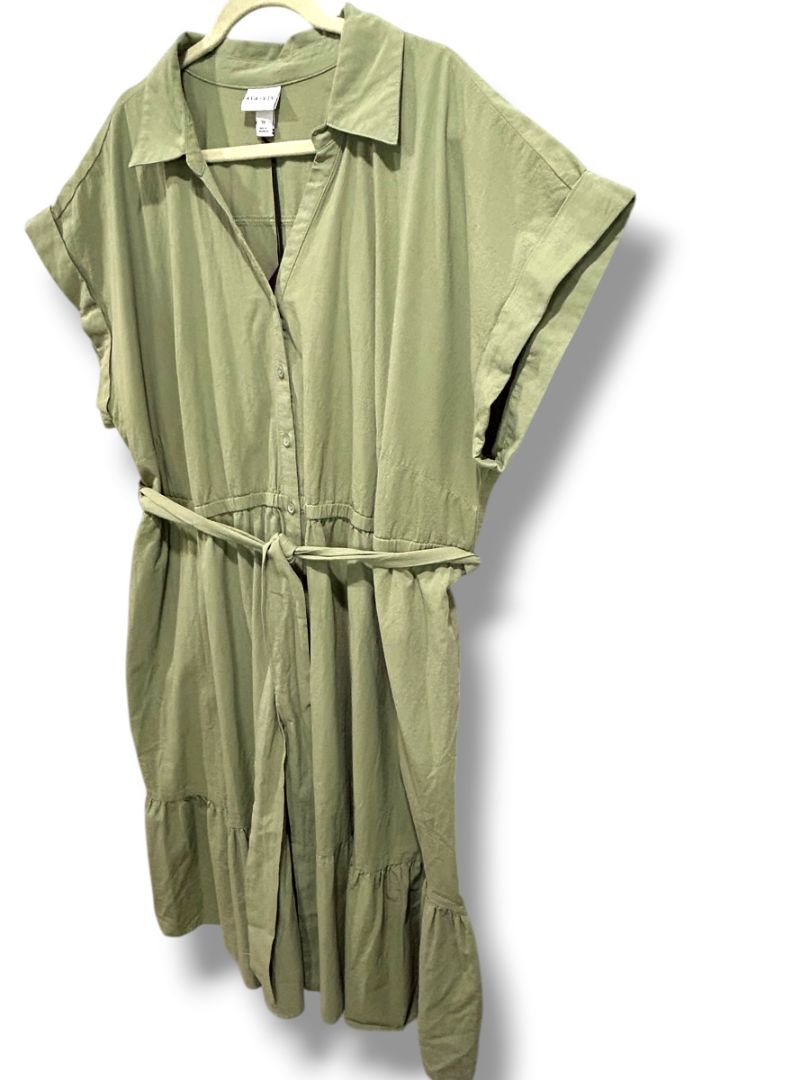 3X Ava & Viv Plus Size Sage Green Belted Cotton Shirtdress New Pockets