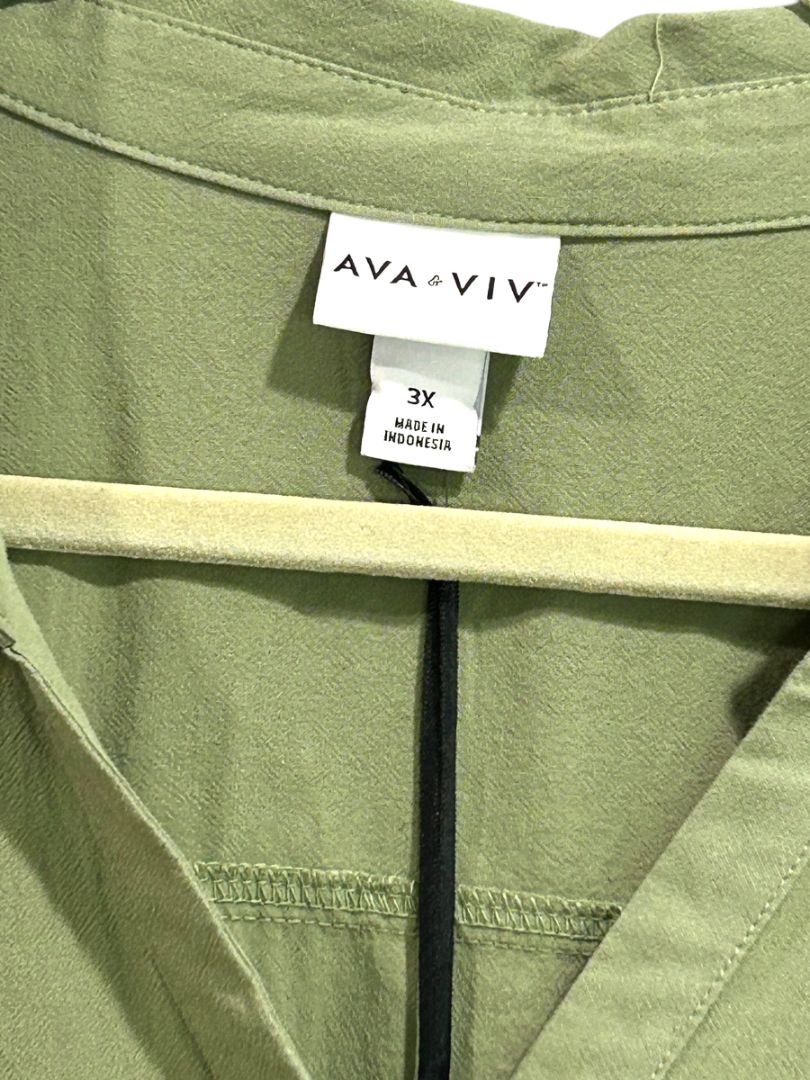 3X Ava & Viv Plus Size Sage Green Belted Cotton Shirtdress New Pockets