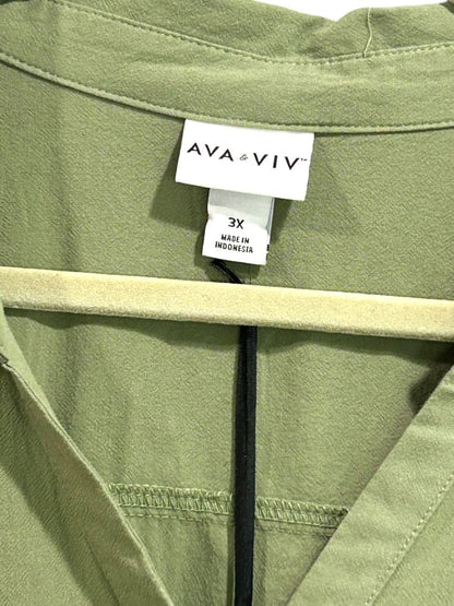3X Ava & Viv Plus Size Sage Green Belted Cotton Shirtdress New Pockets
