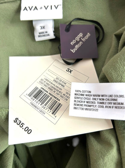 3X Ava & Viv Plus Size Sage Green Belted Cotton Shirtdress New Pockets
