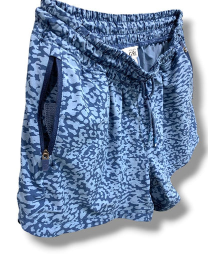 Size XXL (16) Athleta Girl Pull On Athletic Shorts Zip Pockets Blue Print All Play 3" Short