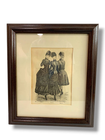 Vintage Framed Fashion Plate Victorian Women Ice Skating 14.1" x 12.1"