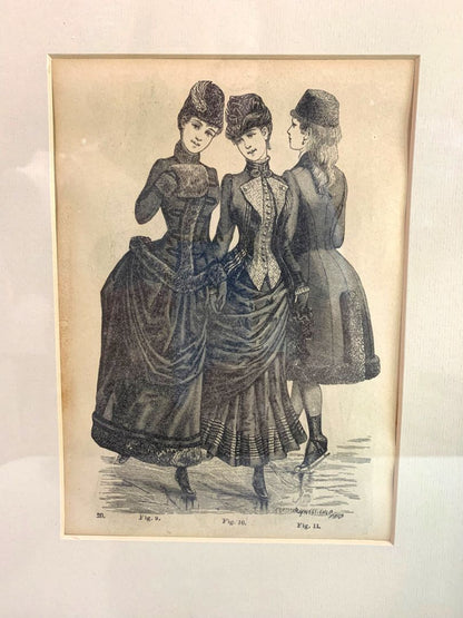 Vintage Framed Fashion Plate Victorian Women Ice Skating 14.1" x 12.1"
