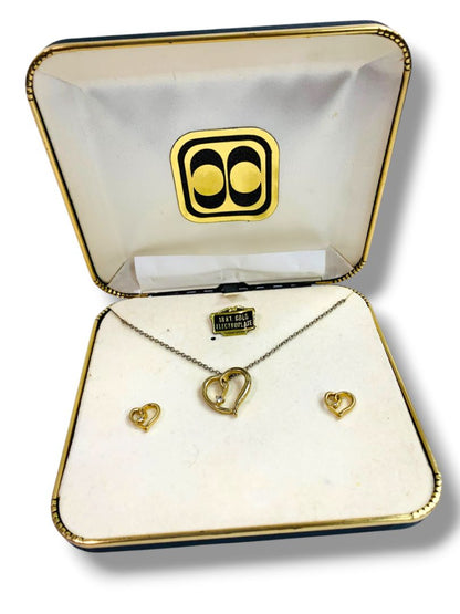 Vintage Gold Electroplate Necklace and Pierced Earring Set Heart