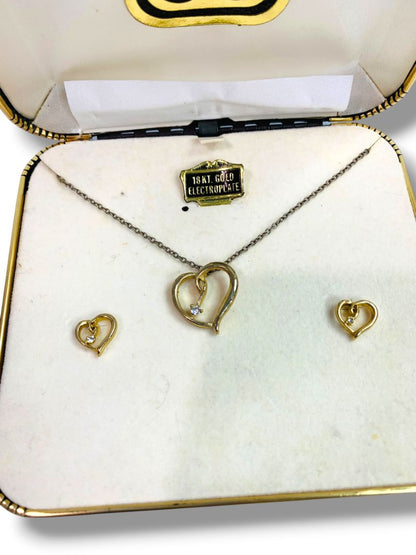 Vintage Gold Electroplate Necklace and Pierced Earring Set Heart