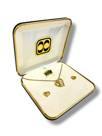 Vintage Gold Electroplate Necklace and Pierced Earring Set Heart
