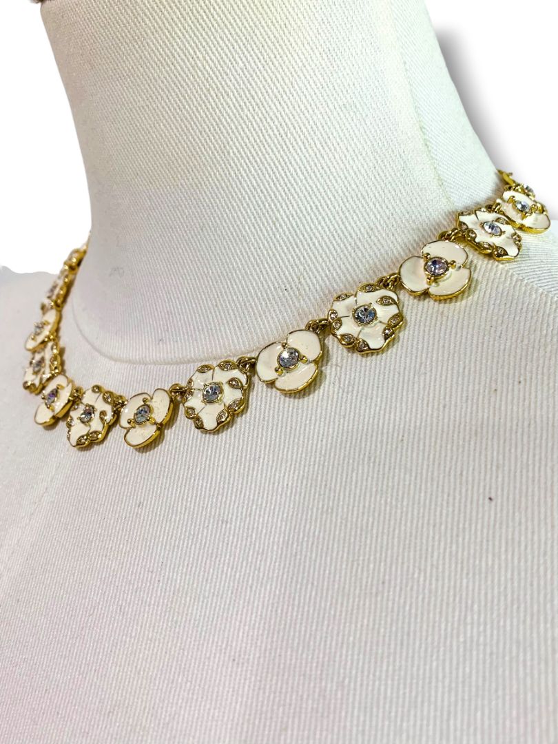 Kate Spade Enameled Garden Necklace Goldtone Cream Floral 16" + 3" Extender