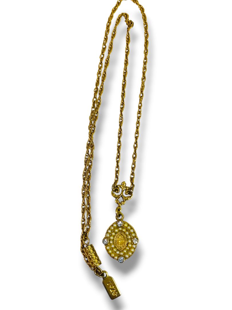 1928 Brand Goldtone Necklace Retro Pendant 17" Screw Barrel Clasp