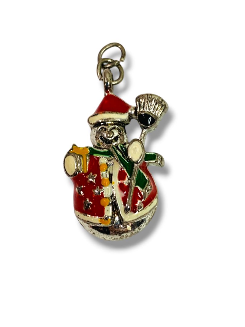 Small Enameled Snowman Pendant Charm Santa .75" Silvertone