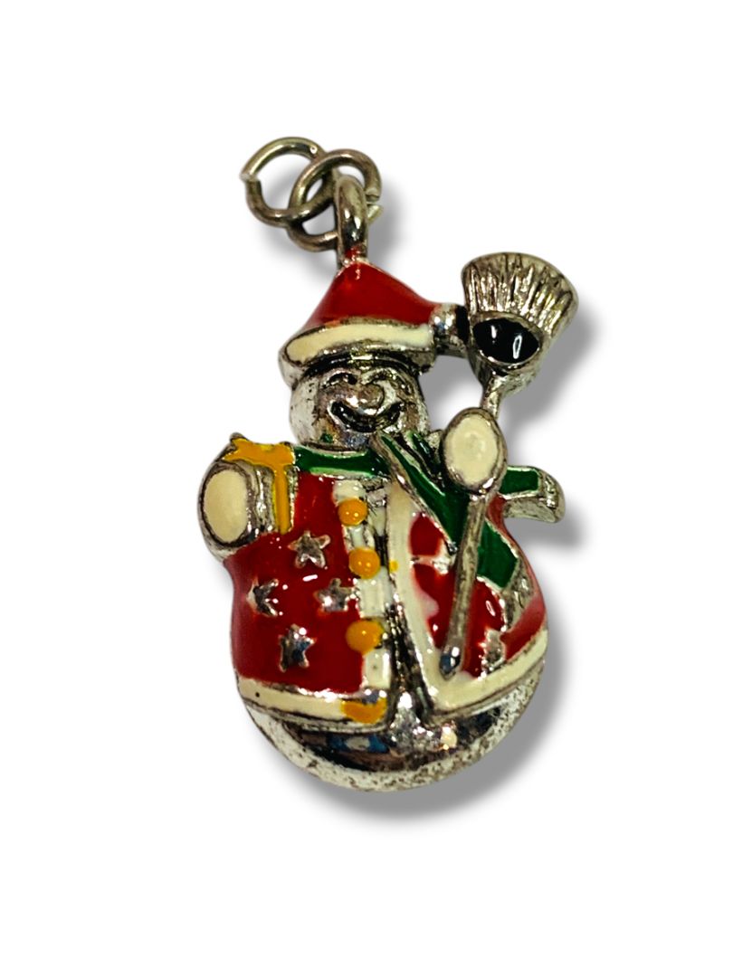 Small Enameled Snowman Pendant Charm Santa .75" Silvertone