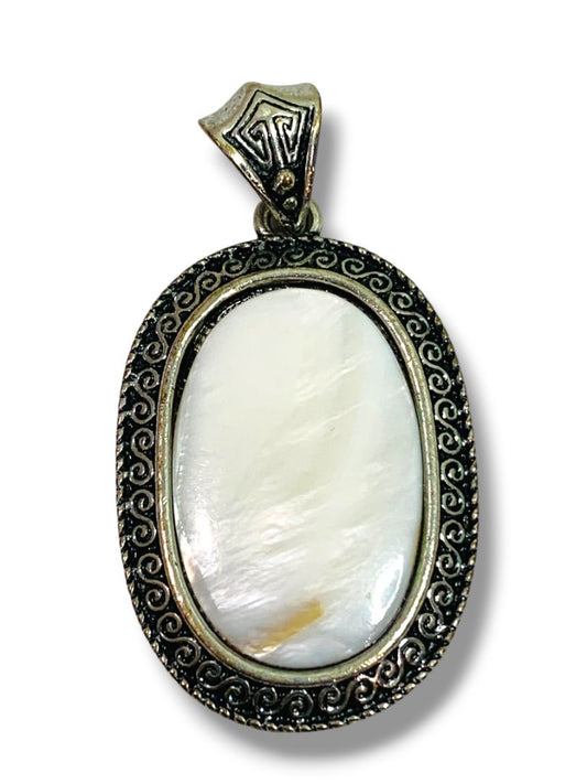 Vintage Statement Pendant Silvertone Setting Intricate Mother of Pearl 1.75-2"
