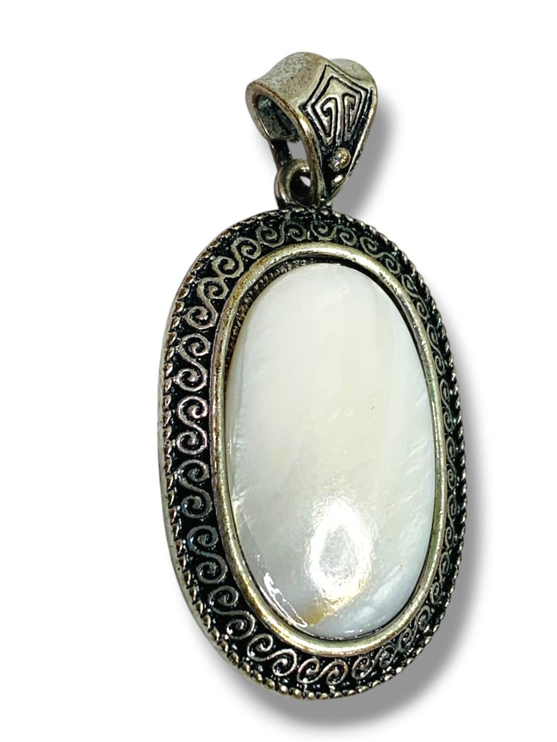 Vintage Statement Pendant Silvertone Setting Intricate Mother of Pearl 1.75-2"