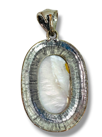 Vintage Statement Pendant Silvertone Setting Intricate Mother of Pearl 1.75-2"