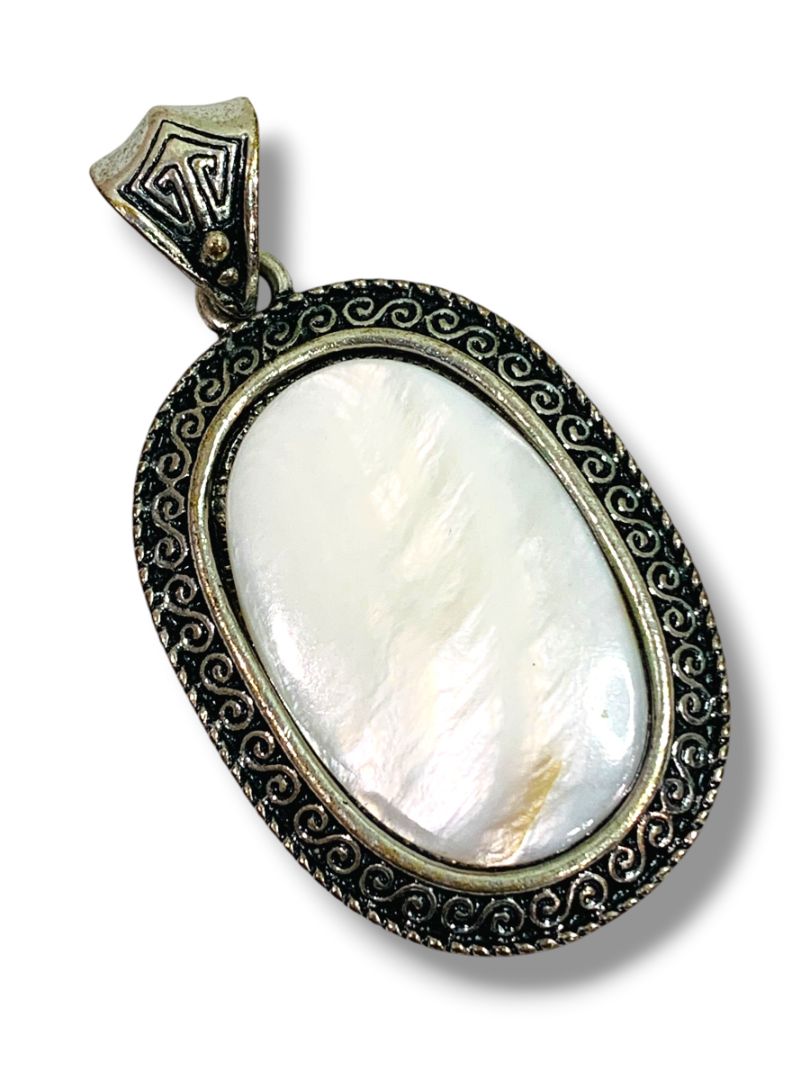 Vintage Statement Pendant Silvertone Setting Intricate Mother of Pearl 1.75-2"