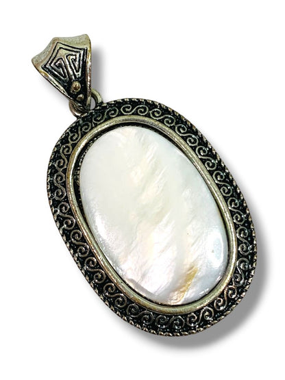 Vintage Statement Pendant Silvertone Setting Intricate Mother of Pearl 1.75-2"