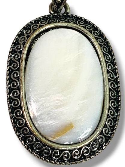 Vintage Statement Pendant Silvertone Setting Intricate Mother of Pearl 1.75-2"