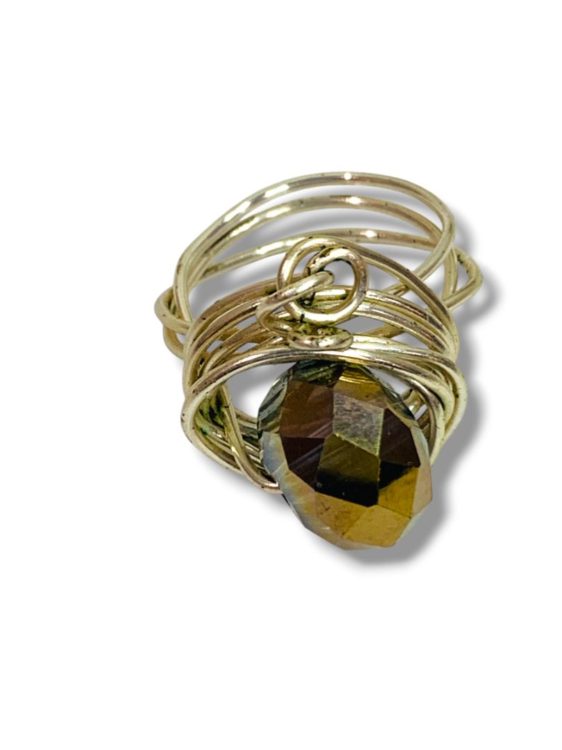 Size 9 Silvertone Wire Ring Artsy Aurora Borealis Faceted