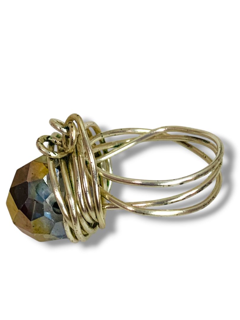 Size 9 Silvertone Wire Ring Artsy Aurora Borealis Faceted