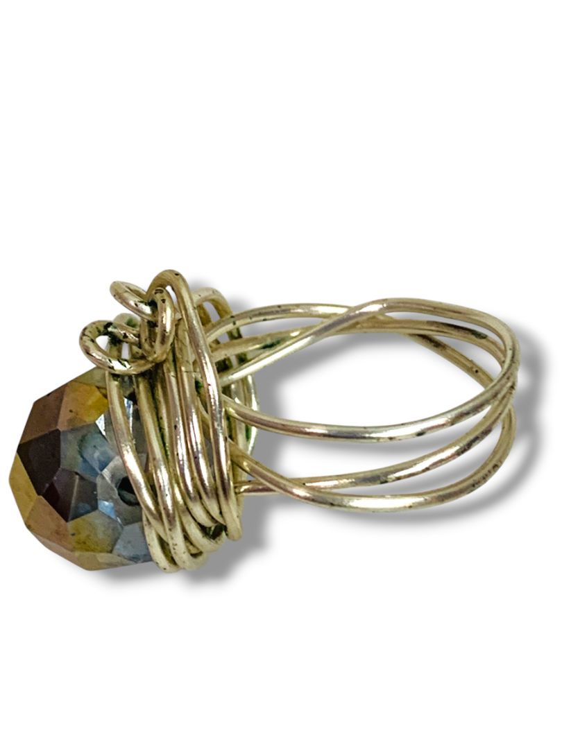Size 9 Silvertone Wire Ring Artsy Aurora Borealis Faceted