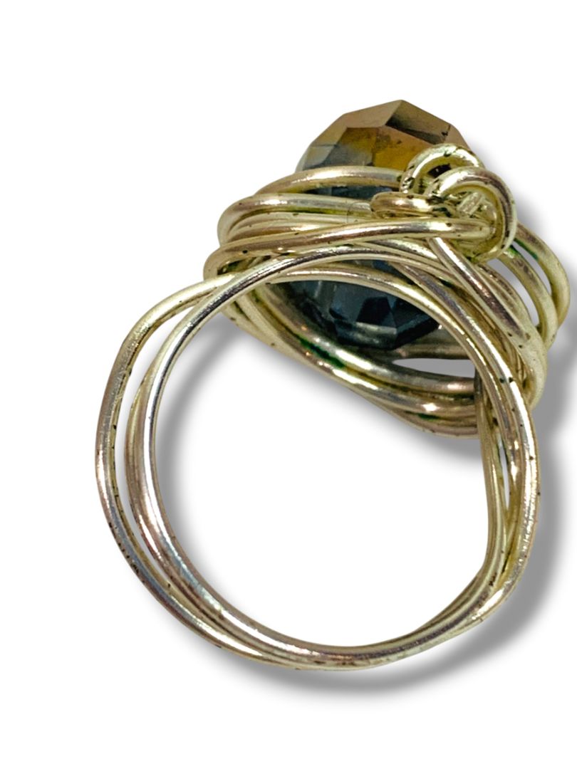 Size 9 Silvertone Wire Ring Artsy Aurora Borealis Faceted