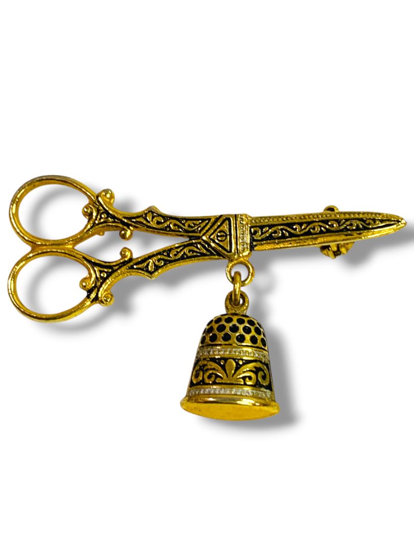 Thimble Pair of Scissors Damascene Spain Vintage Toledo Gold Brooch Pin Spain
