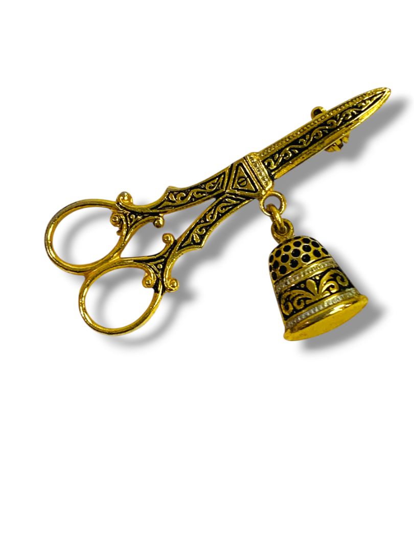 Thimble Pair of Scissors Damascene Spain Vintage Toledo Gold Brooch Pin Spain