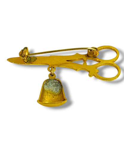 Thimble Pair of Scissors Damascene Spain Vintage Toledo Gold Brooch Pin Spain