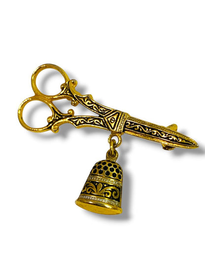 Thimble Pair of Scissors Damascene Spain Vintage Toledo Gold Brooch Pin Spain