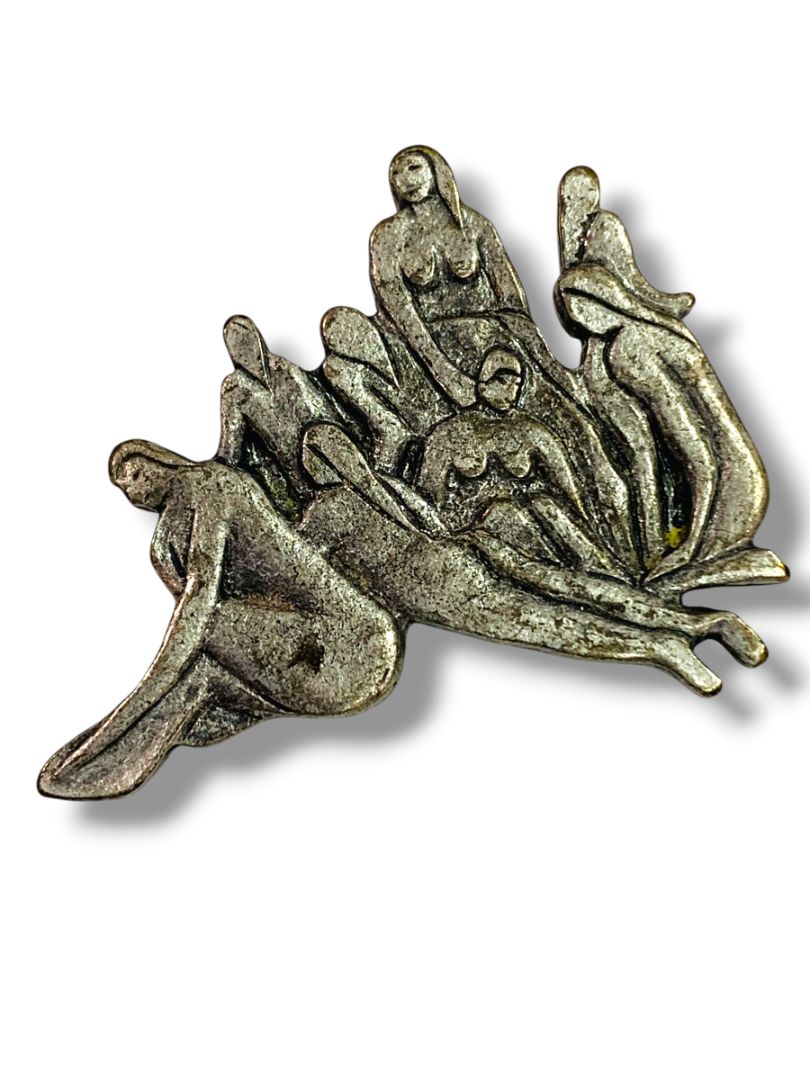 Vintage Signed PMA Lapel Pin Antiqued Silvertone Female Nudes
