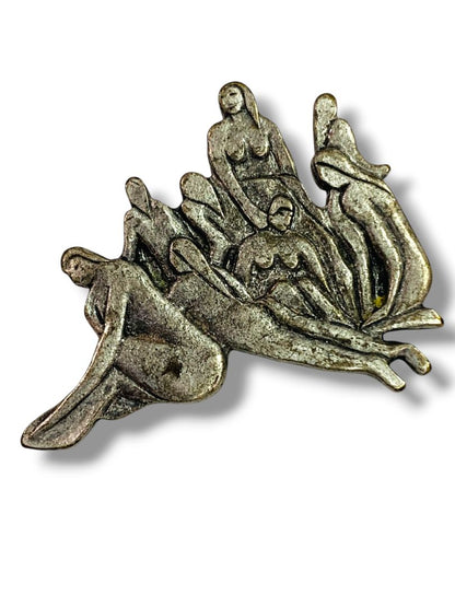 Vintage Signed PMA Lapel Pin Antiqued Silvertone Female Nudes