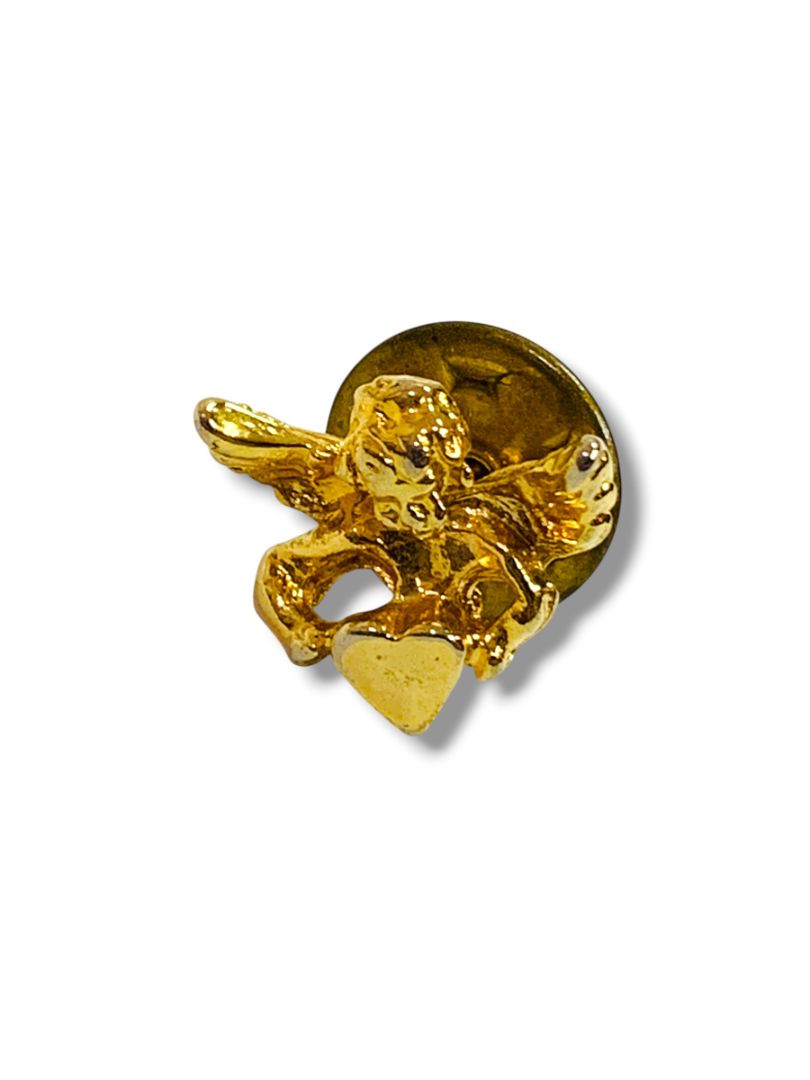 Goldtone Guardian Angel Pin Shoulder Lapel Pin Holding Heart .5"