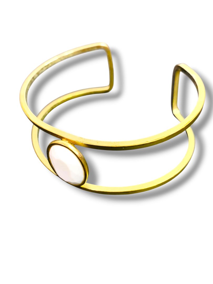 Signed Tahari Goldtone Open Bangle Bracelet White Faceted Acrylic