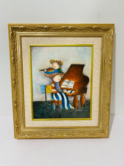 Joyce Roybal Framed Print Children Violin Piano 16.5" x 14.5" Colorful Folk Art