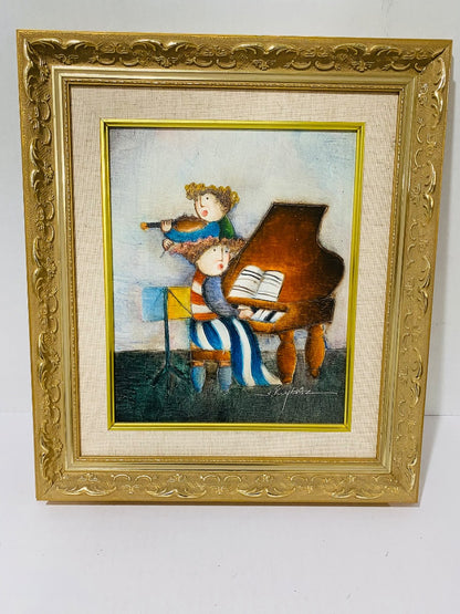 Joyce Roybal Framed Print Children Violin Piano 16.5" x 14.5" Colorful Folk Art