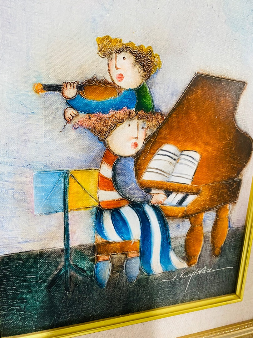 Joyce Roybal Framed Print Children Violin Piano 16.5" x 14.5" Colorful Folk Art