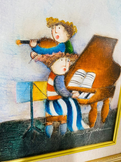 Joyce Roybal Framed Print Children Violin Piano 16.5" x 14.5" Colorful Folk Art