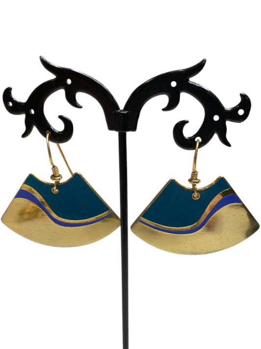 Vintage Signed Laurel Burch Fan Shaped Cloisonne 1.5" Dangle Earrings Goldtone Purple Teal
