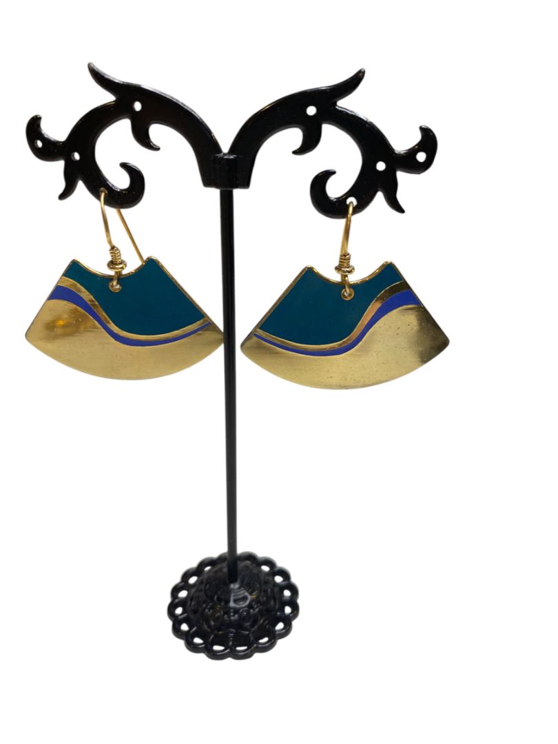 Vintage Signed Laurel Burch Fan Shaped Cloisonne 1.5" Dangle Earrings Goldtone Purple Teal