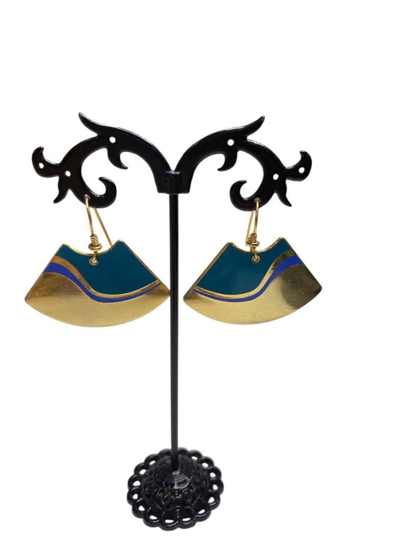 Vintage Signed Laurel Burch Fan Shaped Cloisonne 1.5" Dangle Earrings Goldtone Purple Teal